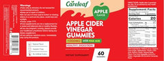 Close-up of CareLeaf ACV gummies label on bottle for credibility and taste