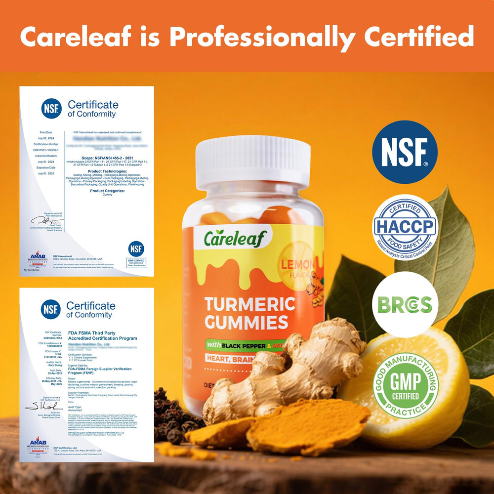 CareLeaf turmeric gummies lemon bottle on kitchen counter.
