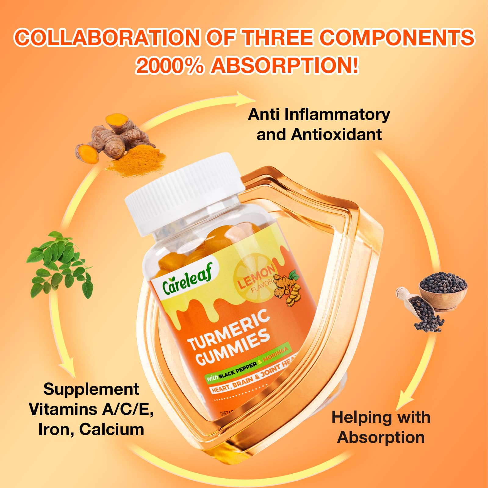 CareLeaf turmeric gummies lemon pour illustrating quick daily nourishment.