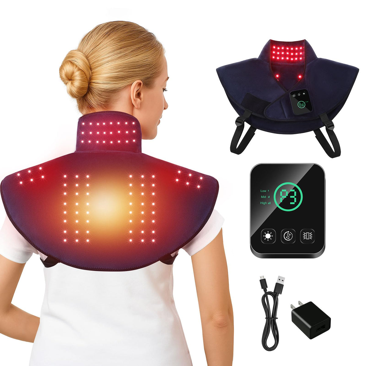 CareMORR cordless red-light therapy pad provides neck relief at home.