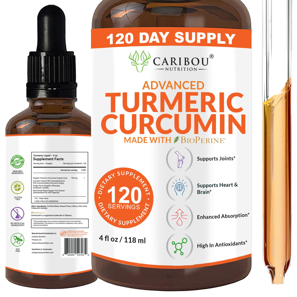 Caribou Nutrition liquid turmeric bottle for convenient daily joint support.