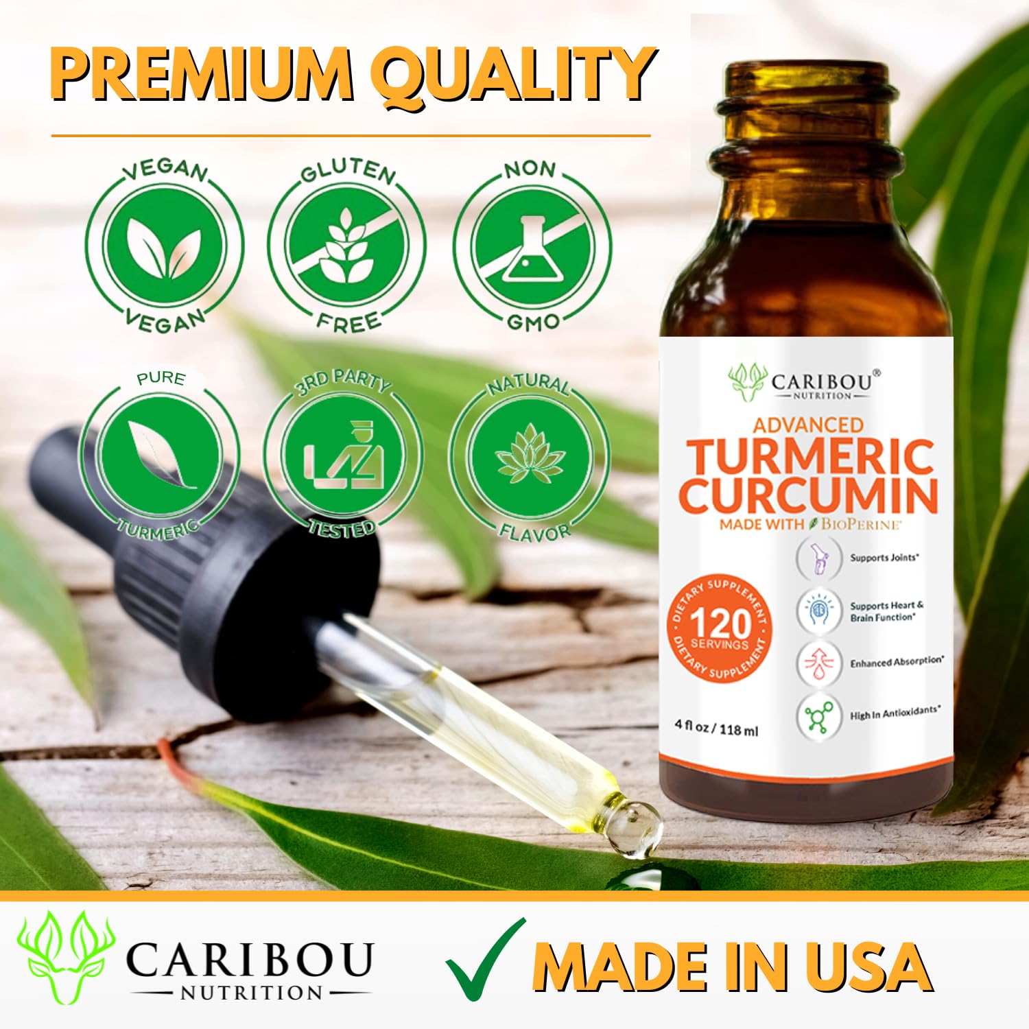 Caribou Nutrition turmeric dropper showing easy-to-use liquid supplement.