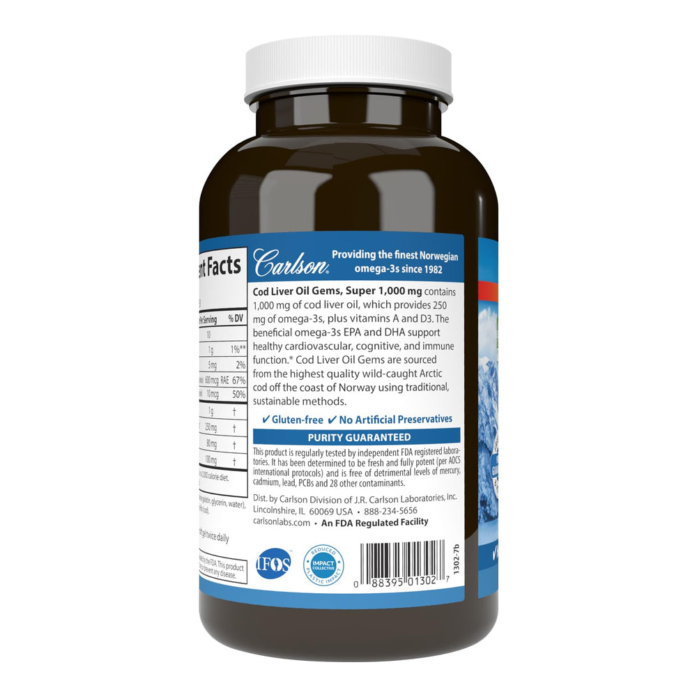 Carlson Cod Liver Oil Gems golden softgels visible, a premium omega-3 source.