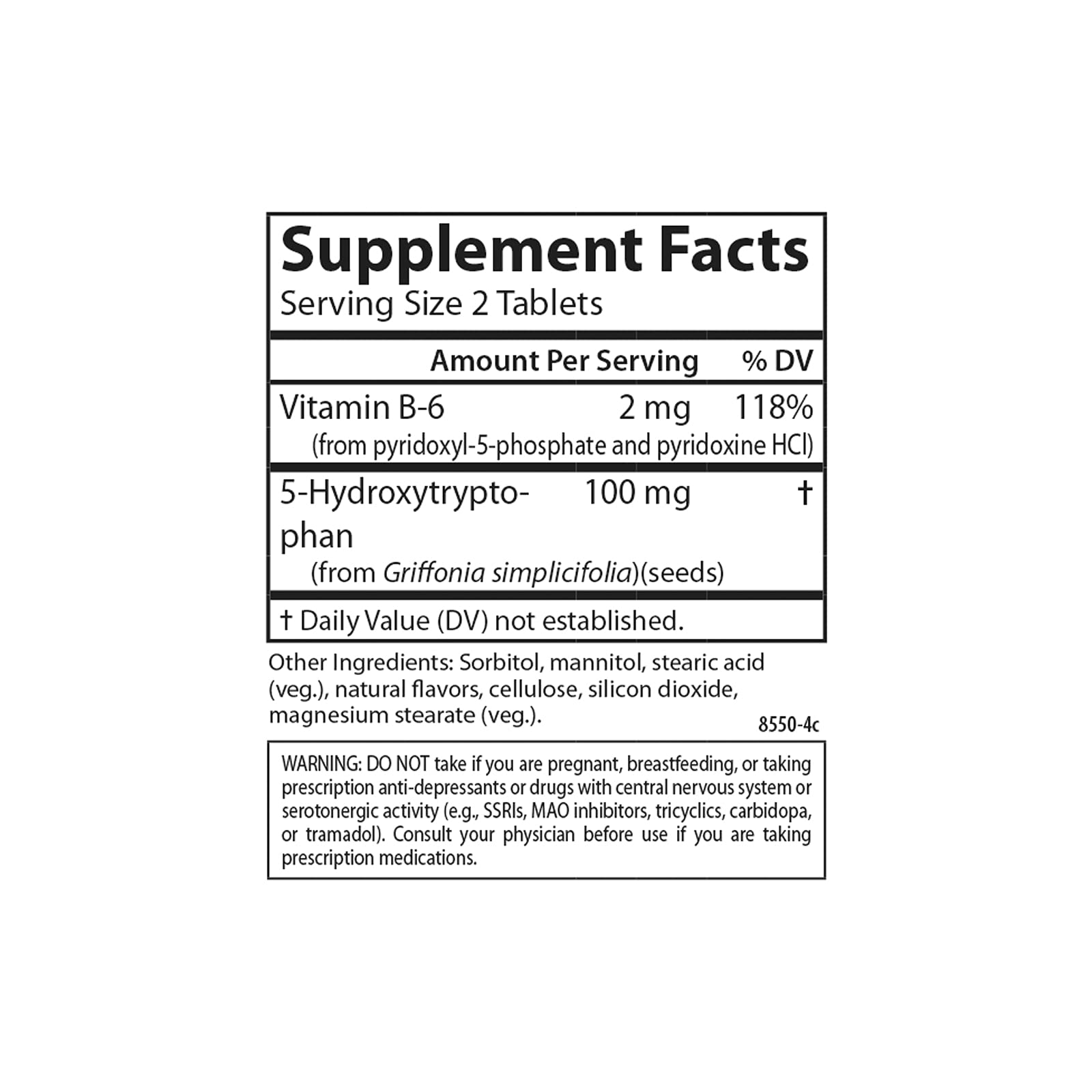 Carlson label close-up shows 100 mg 5-HTP per serving.