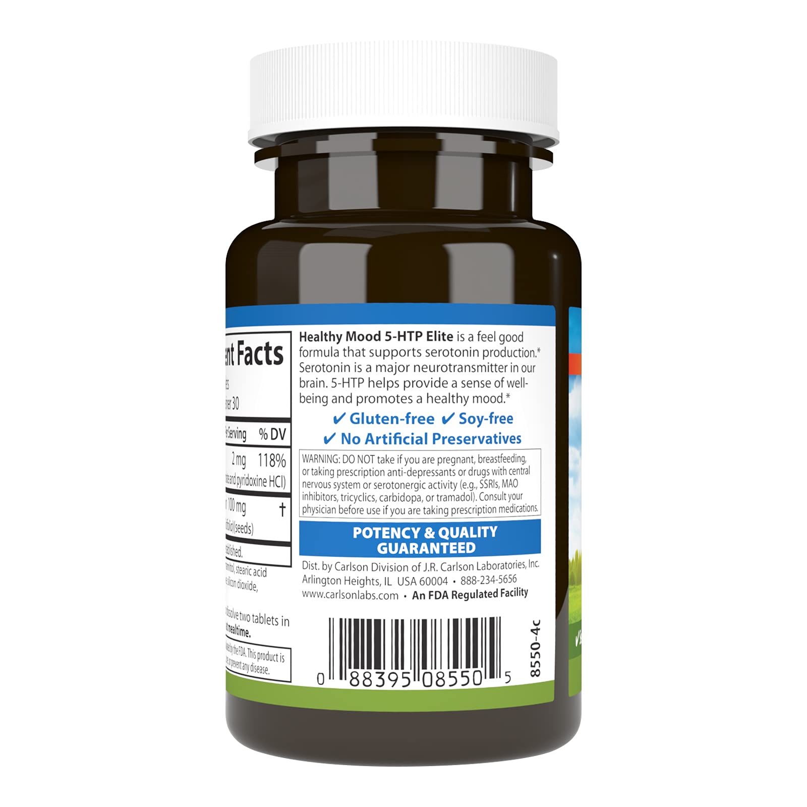 Carlson 5-HTP Elite Griffonia source noted on packaging for potency.