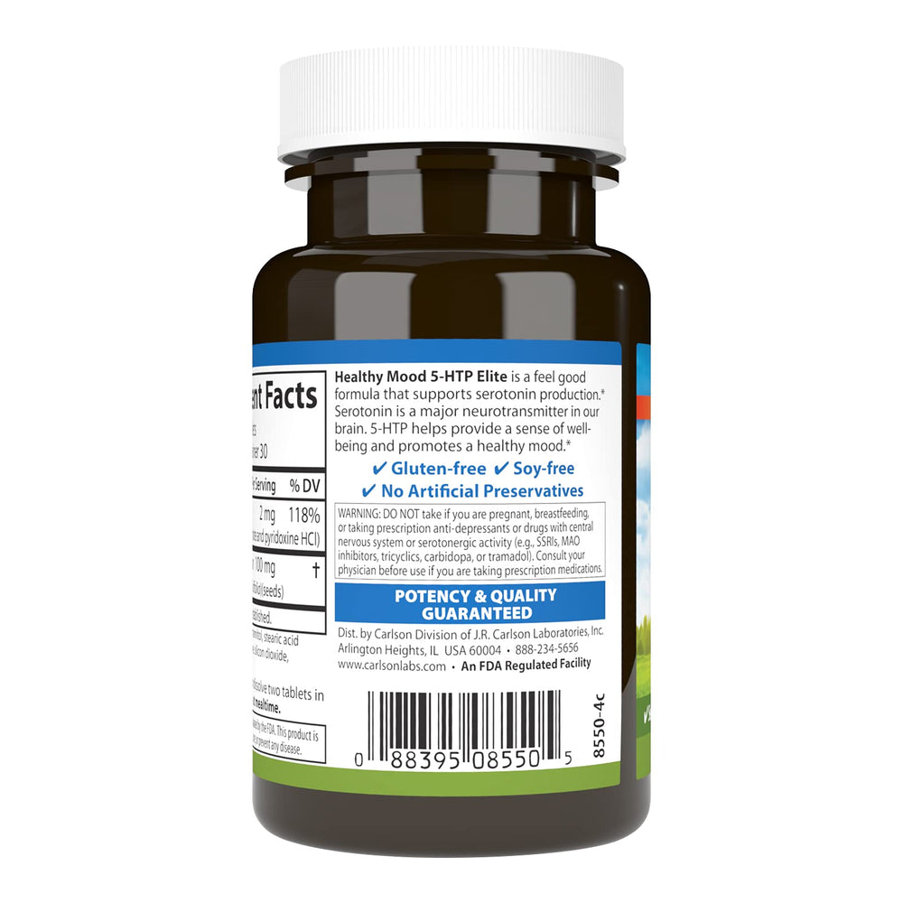 Carlson 5-HTP Elite Griffonia source noted on packaging for potency.