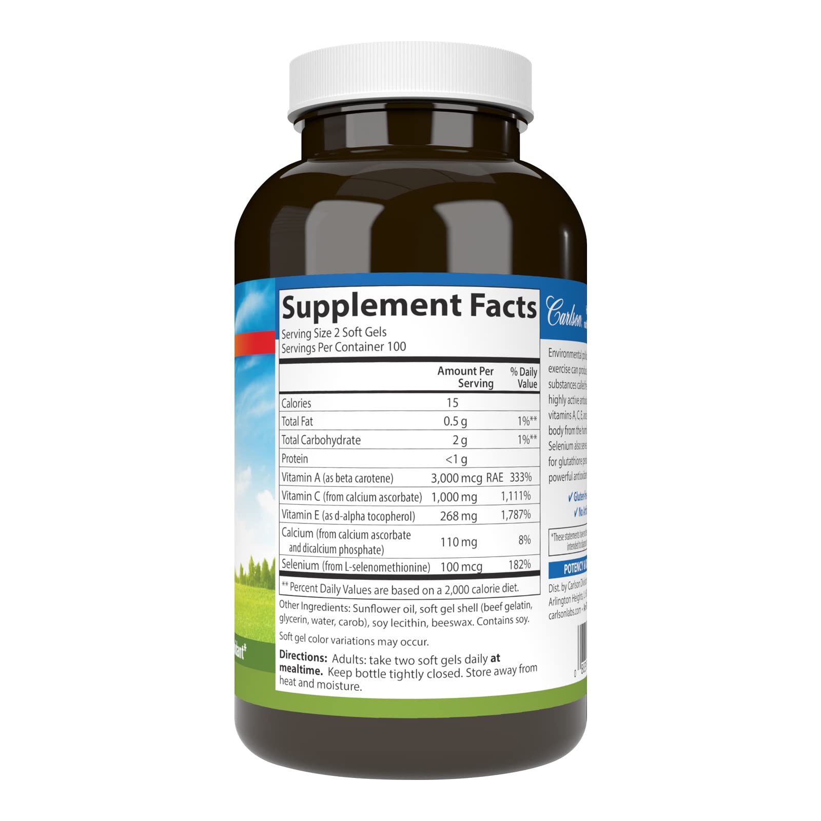 Carlson ACES bottle back-label highlights selenium for antioxidant enzymes.
