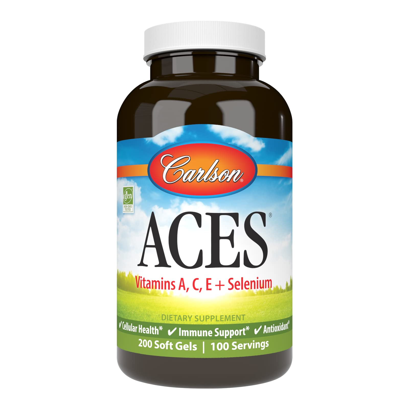 Carlson ACES bottle front shows antioxidant vitamins for immune support.