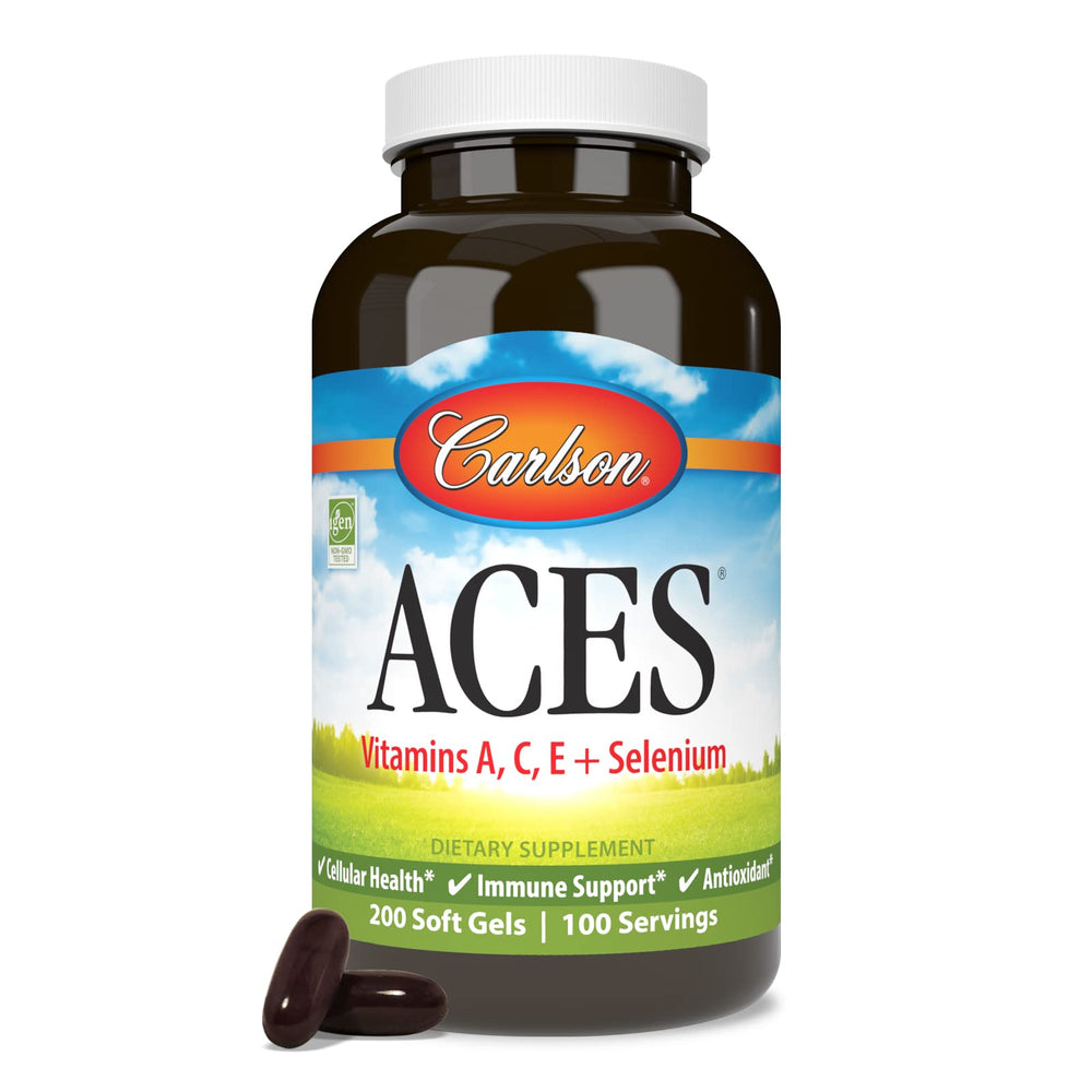 Carlson ACES ingredients graphic highlights selenium and vitamins A, C, E.