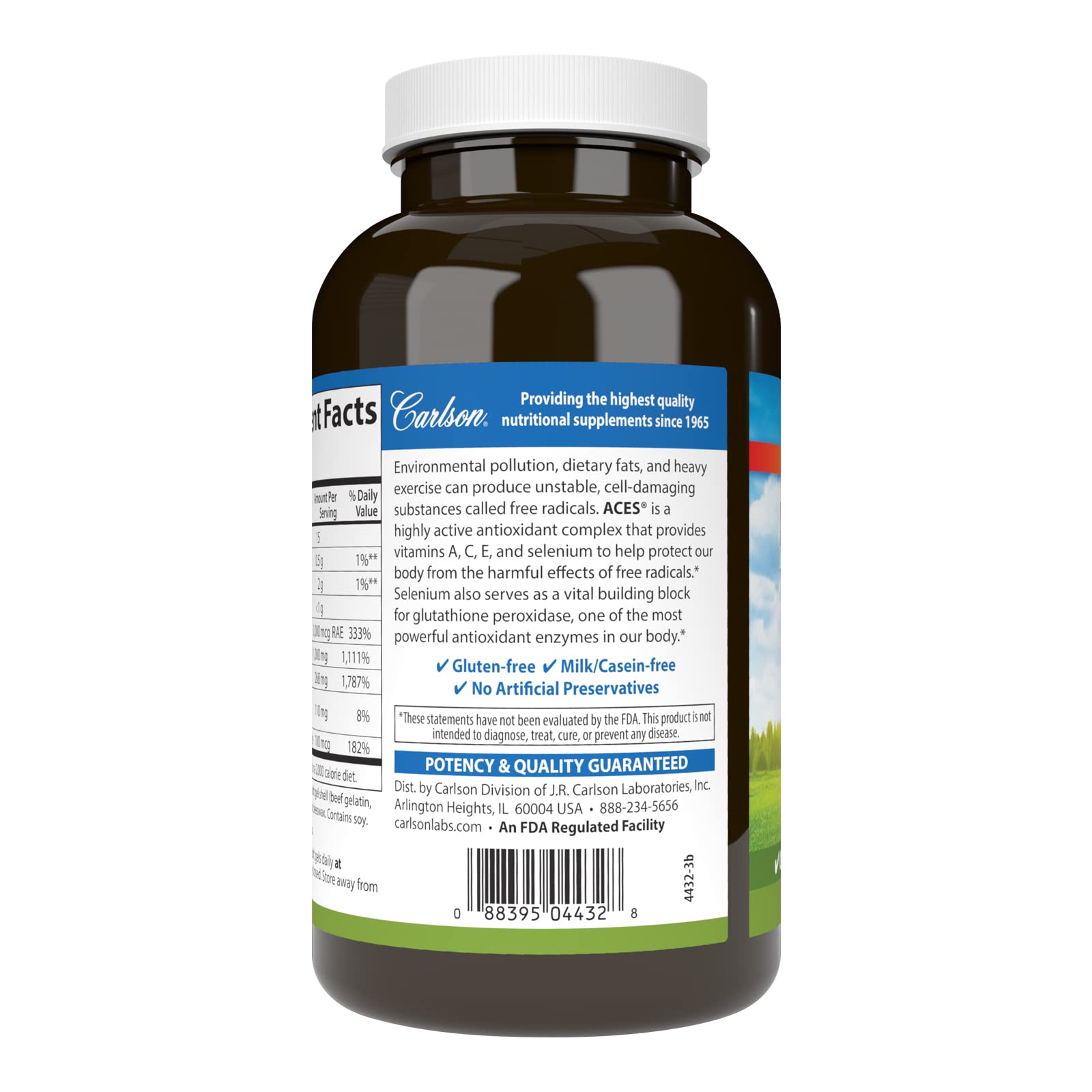 Carlson ACES softgels closeup emphasizes easy-to-swallow capsules.