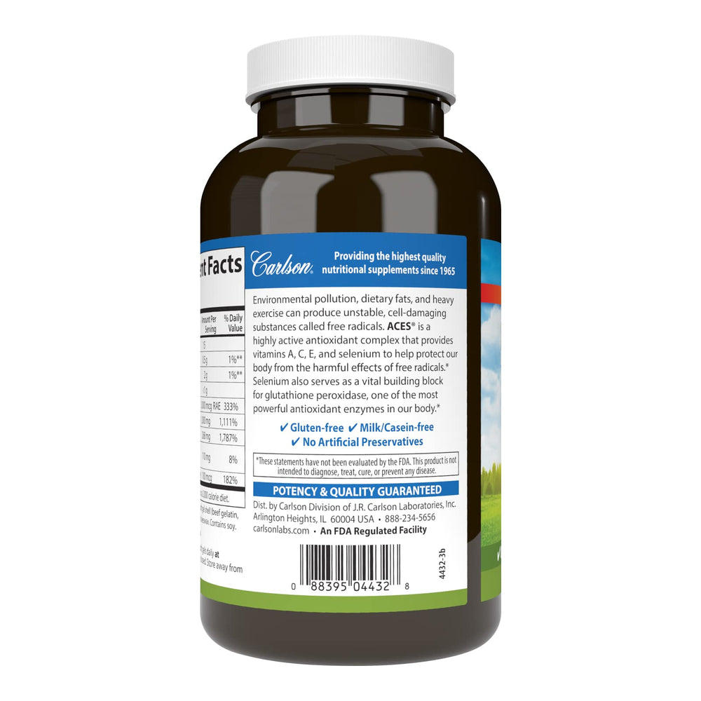 Carlson ACES softgels closeup emphasizes easy-to-swallow capsules.