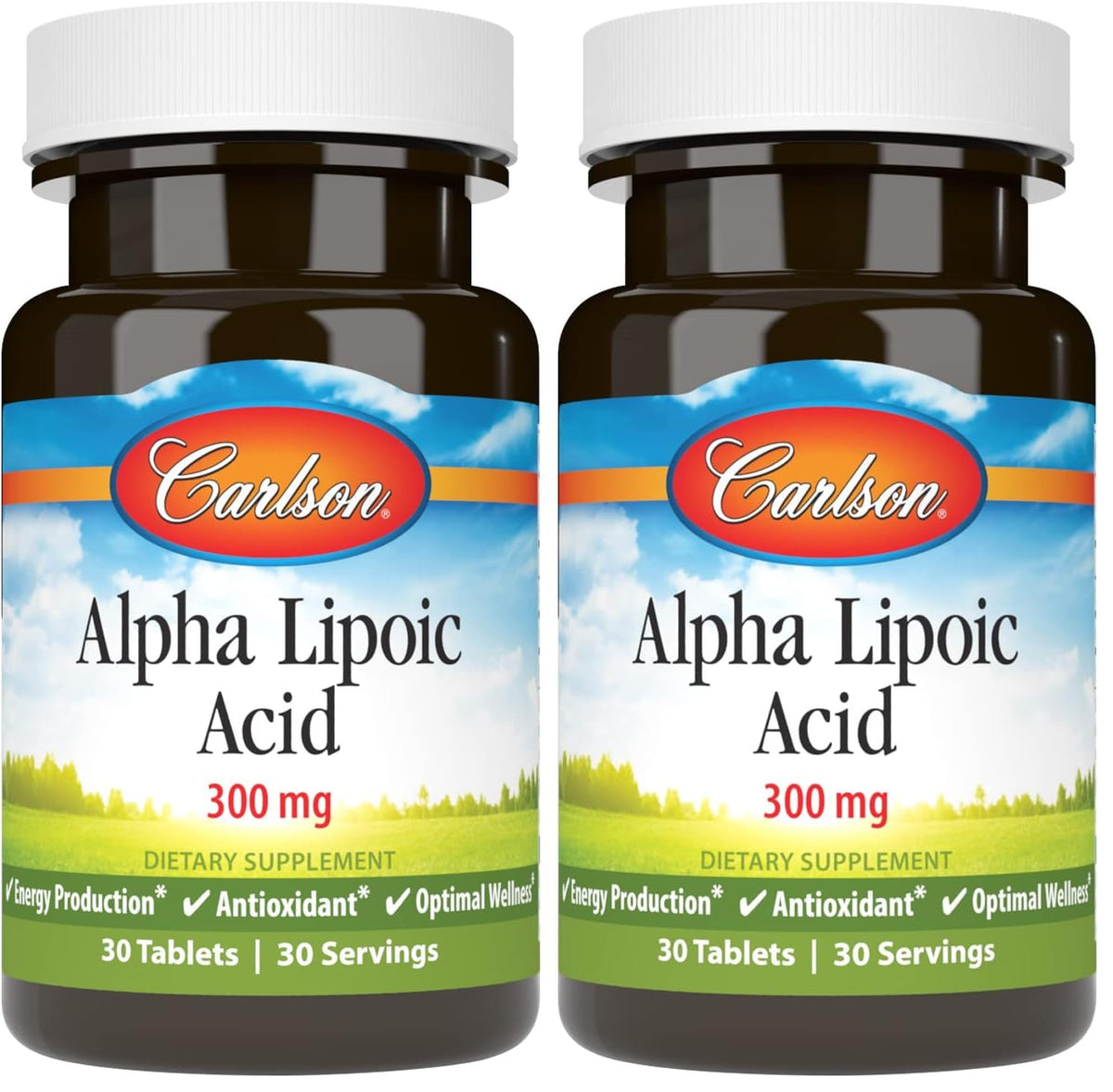 Carlson Alpha Lipoic Acid 300 mg bottle closeup for daily energy support