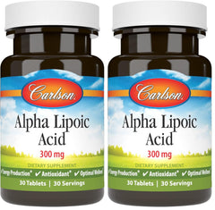 Carlson Alpha Lipoic Acid 300 mg bottle closeup for daily energy support