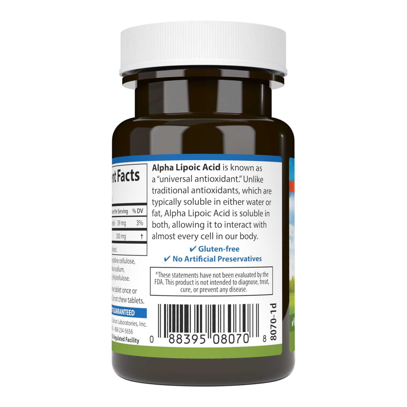 Carlson Alpha Lipoic Acid label detail highlights per-pack information and potency