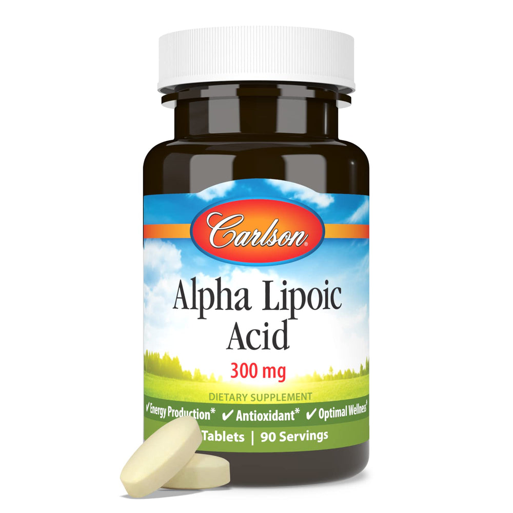 Carlson Alpha Lipoic Acid 300 mg capsule close-up emphasizing antioxidant value