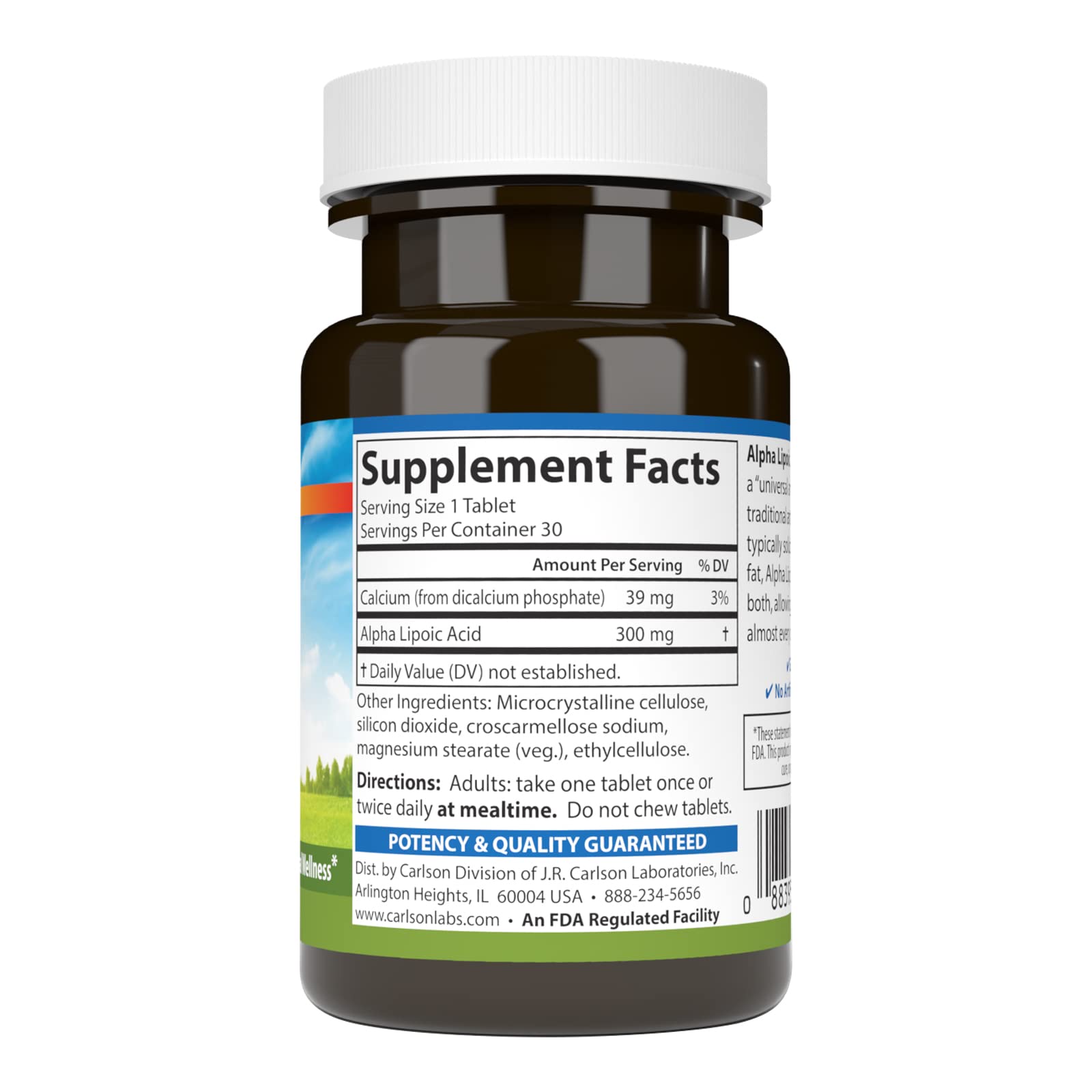 Carlson Alpha Lipoic Acid 300 mg tablets in packaging demonstrate easy daily dosing