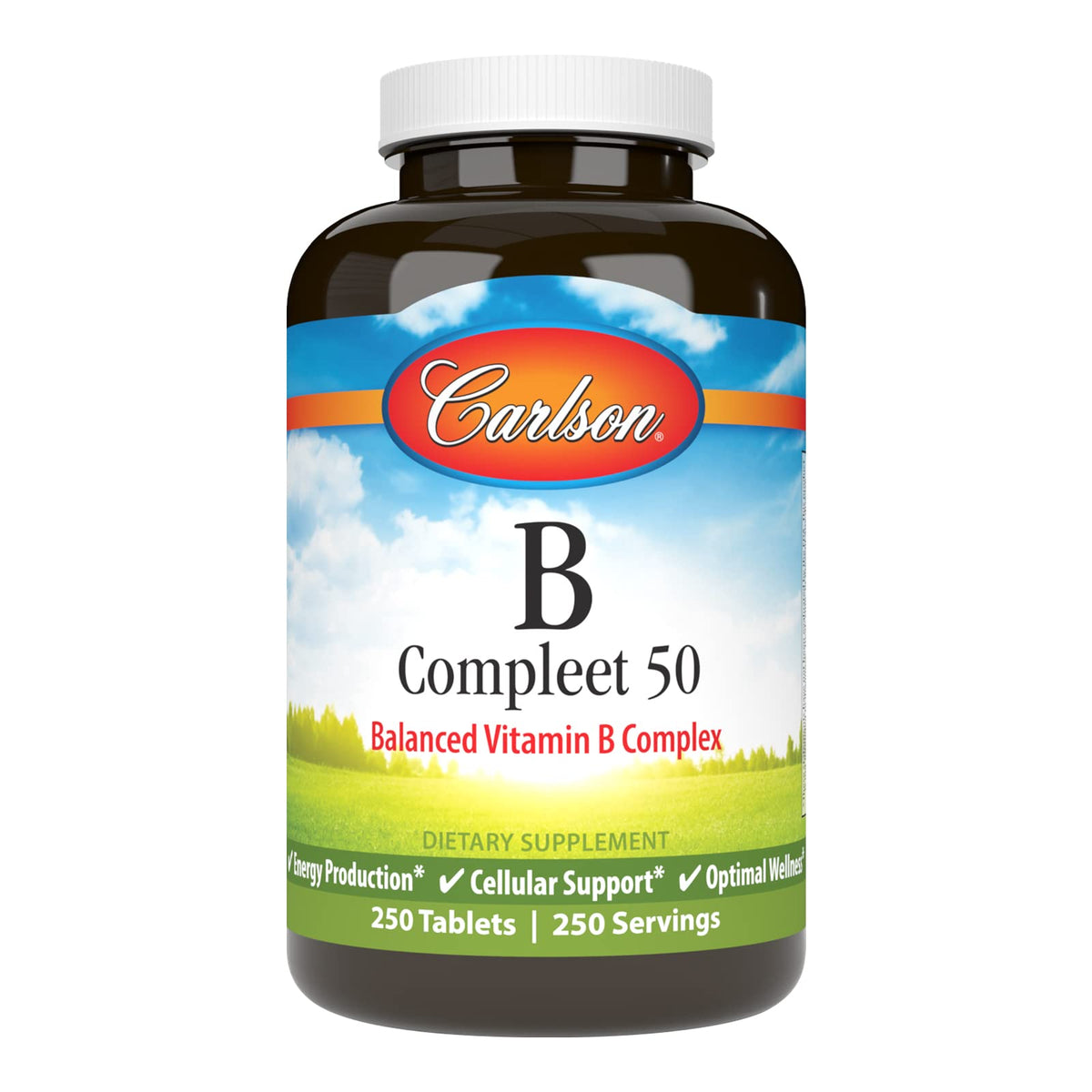 Carlson B Compleet 50 bottle front view highlighting balanced B vitamin blend for energy support