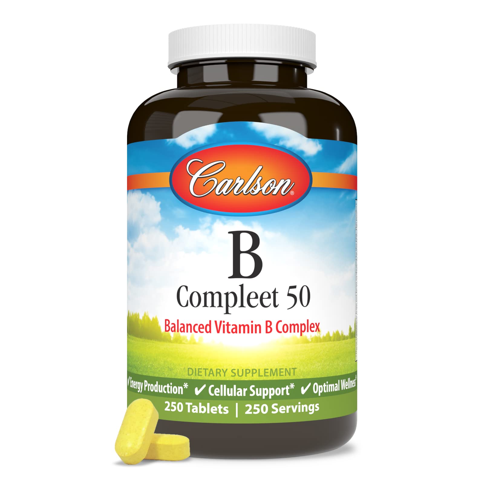 Carlson B Compleet 50 bottle label close-up emphasizing quality and potency