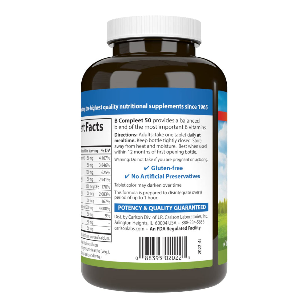 Carlson B Compleet 50 tablets close-up ready for daily use and energy support