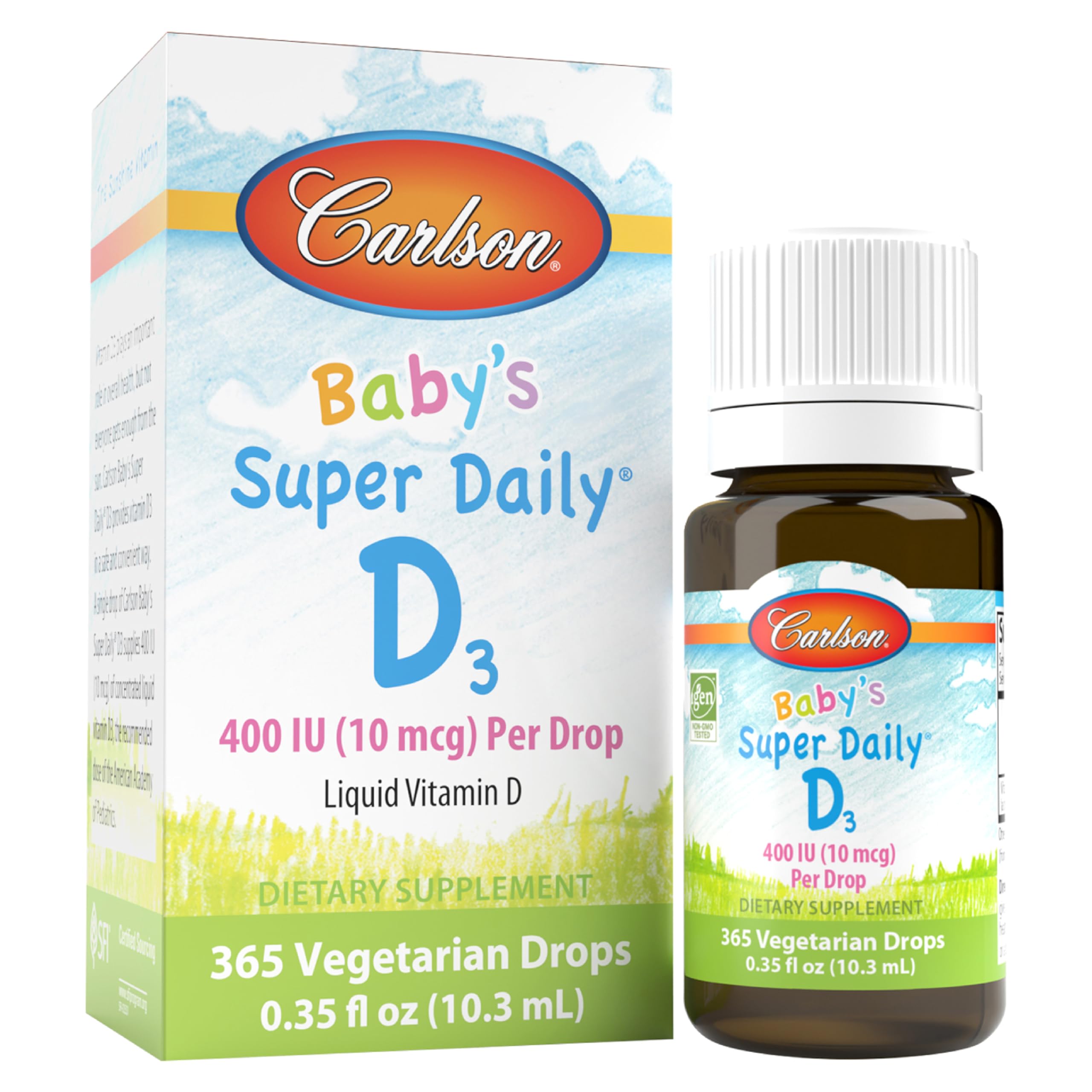 Carlson Baby D3 bottle with pour tip for easy daily dosing.