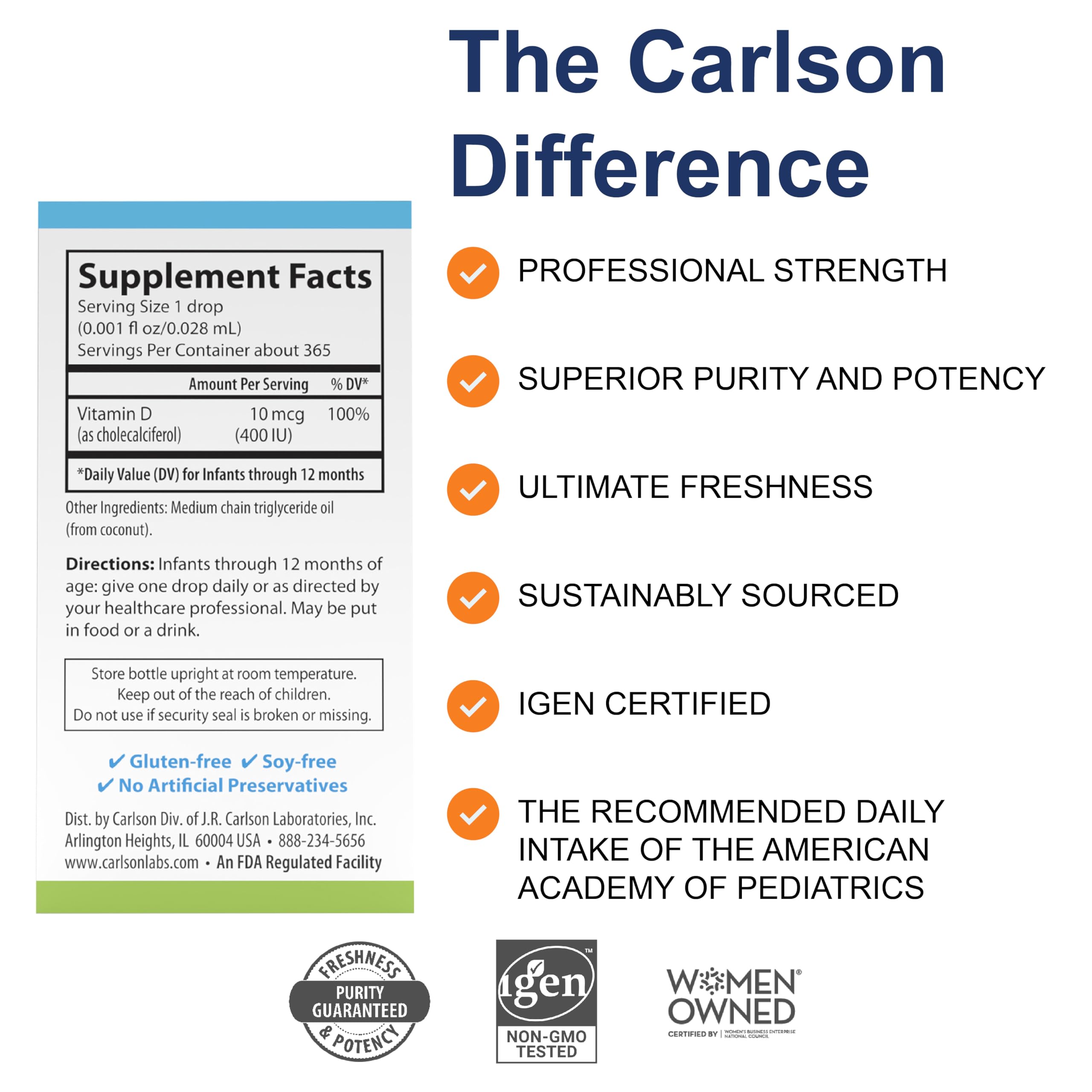 Carlson Baby D3 drop into spoon for easy supplementation.