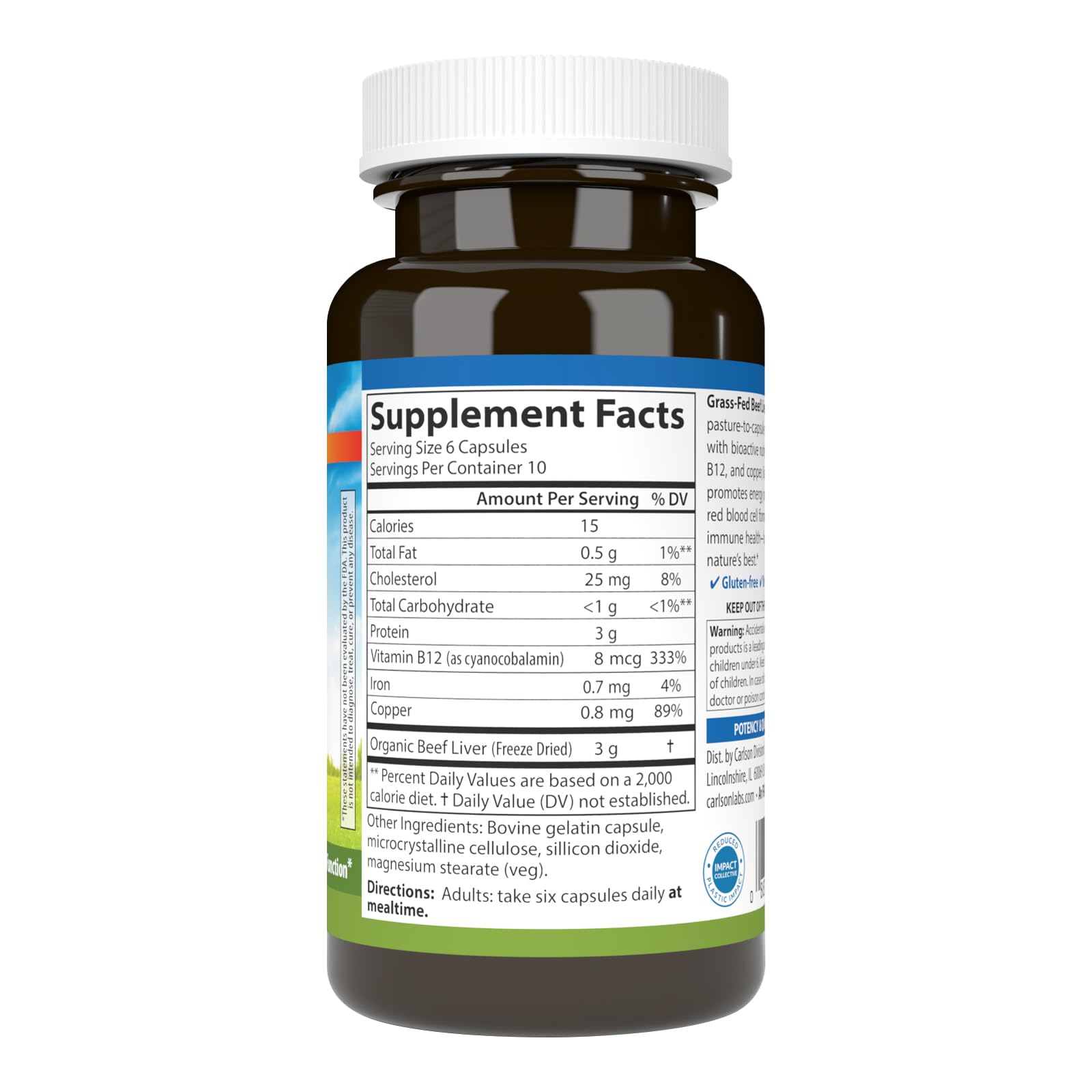 Carlson beef liver nutrients close-up highlighting B12 and copper for immune support.