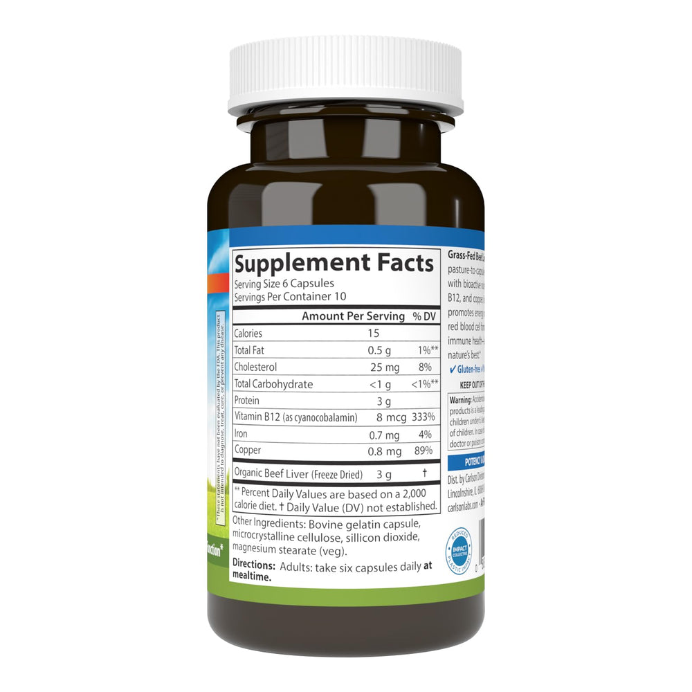 Carlson beef liver nutrients close-up highlighting B12 and copper for immune support.