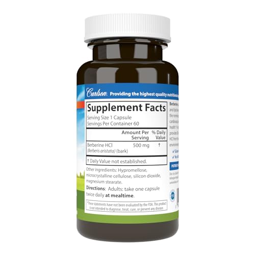 Carlson Berberine capsules in a bottle emphasizing vegetarian formula for daily use