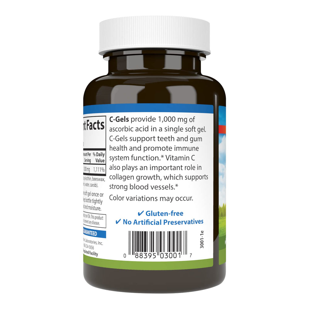 Carlson C-Gels 1000mg bottle pour shows convenient daily dosage.