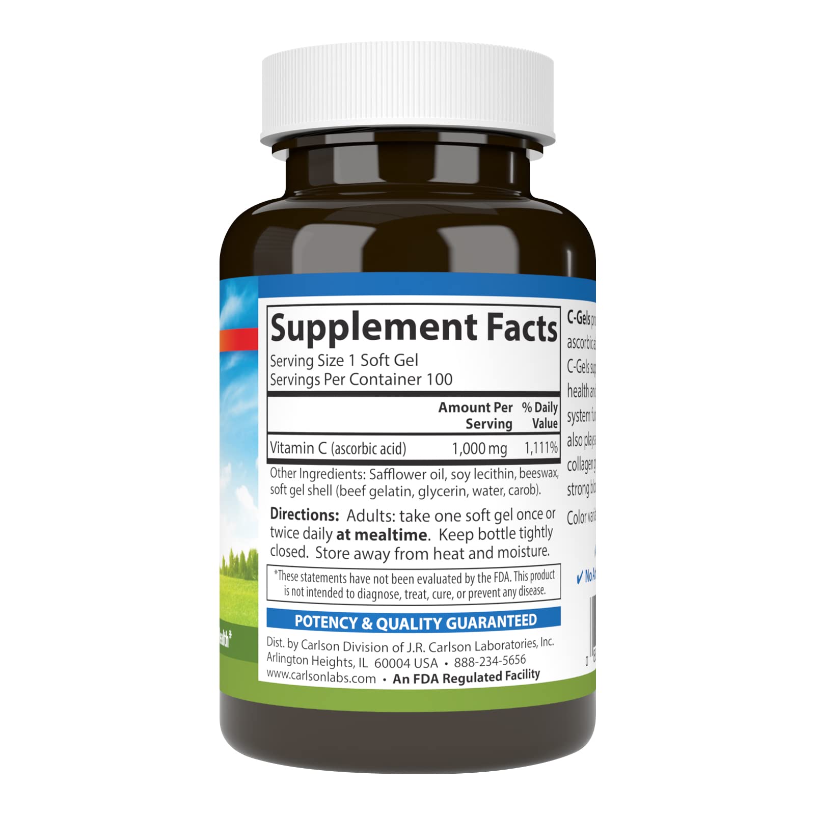 Carlson C-Gels 1000mg softgels close-up emphasizes easy swallowing.