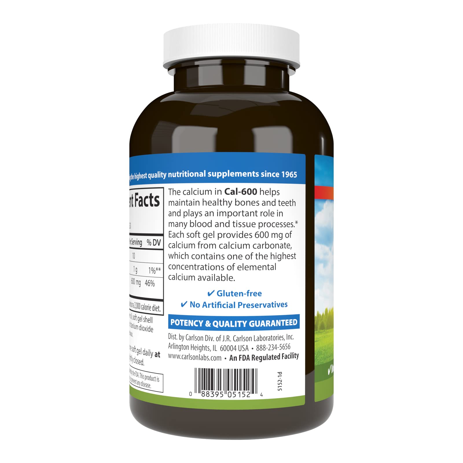 Carlson Cal-600 packaging closeup showcasing compact softgel bottle design