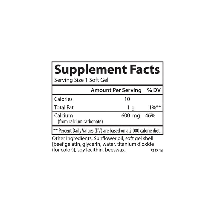 Carlson Cal-600 softgel closeup showing 600 mg calcium per capsule