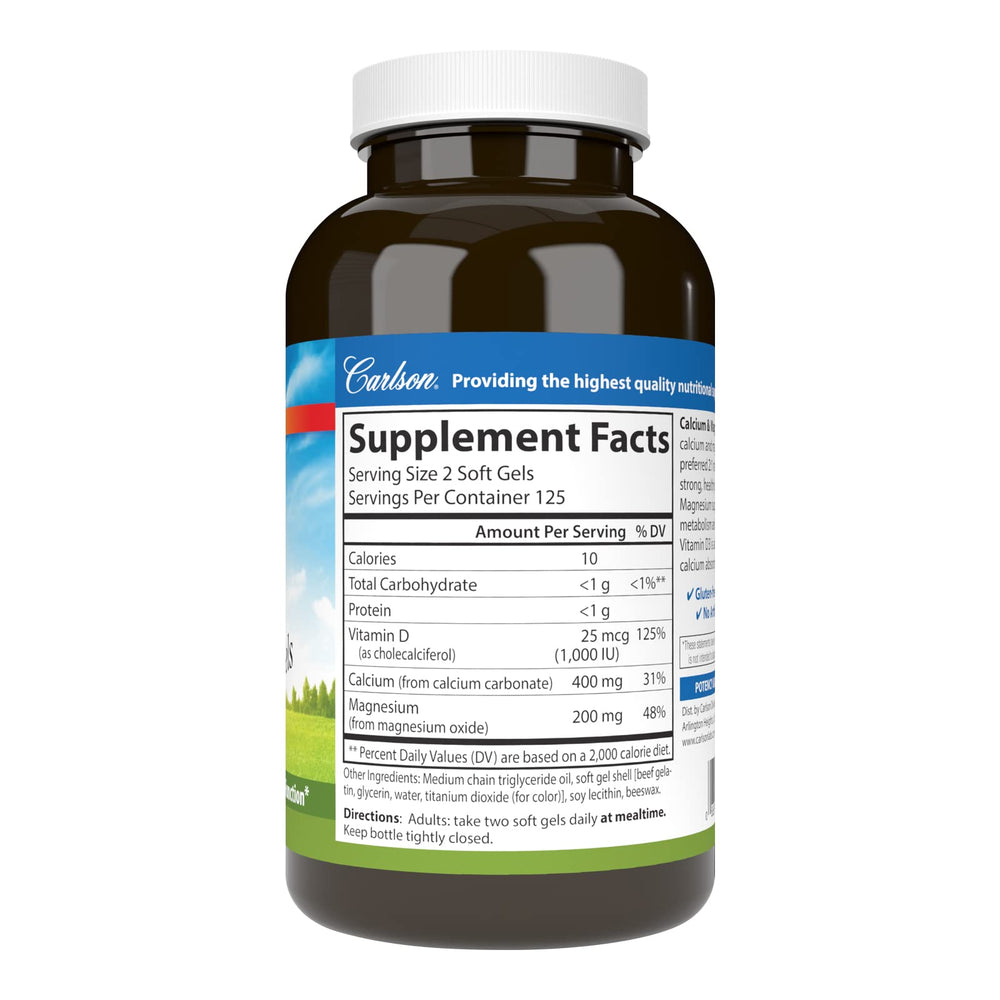 Carlson Cal-Mag Gels on shelf beside other supplements for daily use