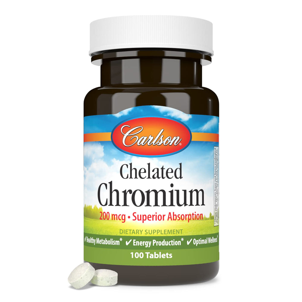Front packaging of Carlson Chelated Chromium 200 mcg emphasizing potency and quality