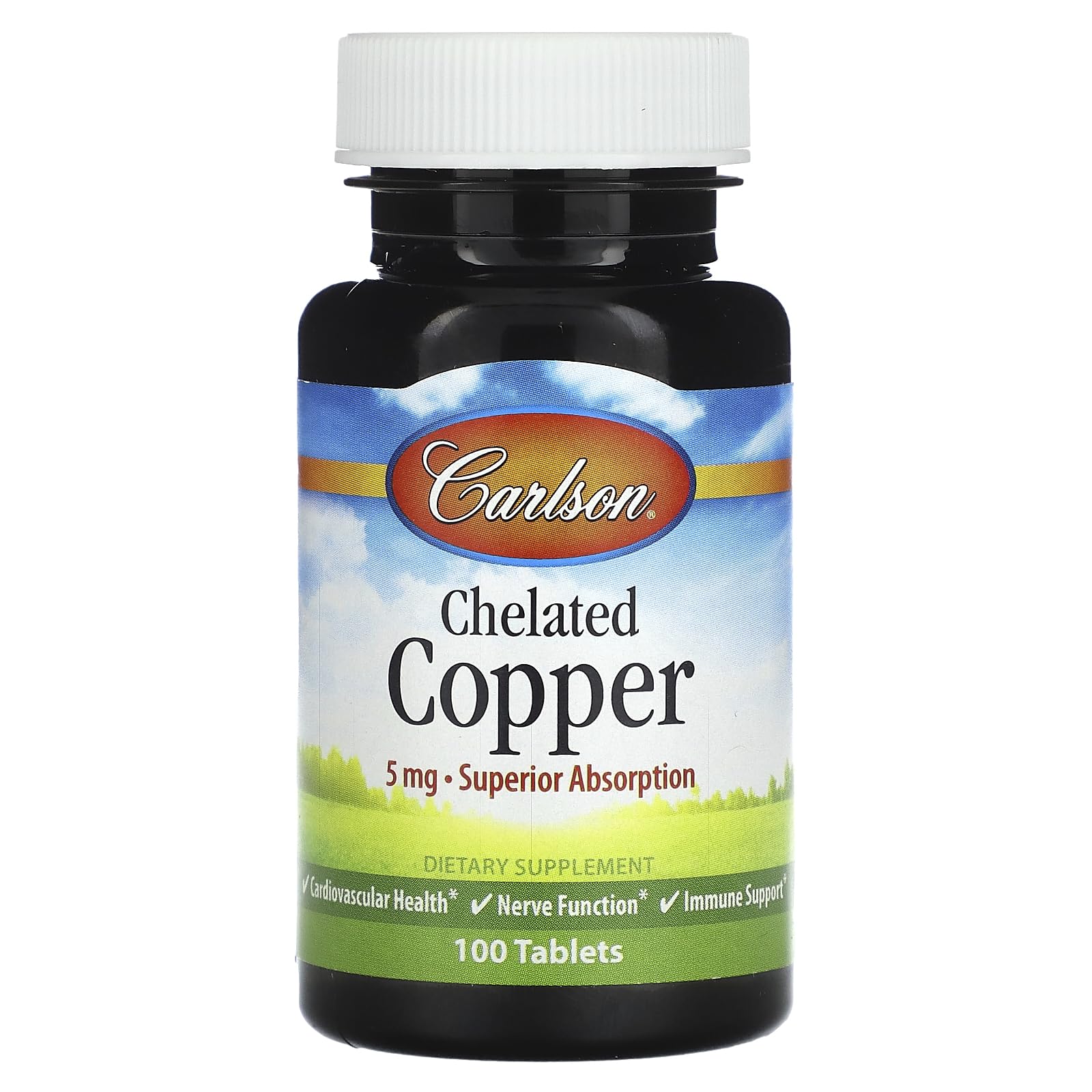 Carlson chelated copper 5 mg tablets bottle, promoting absorption and daily immune support.
