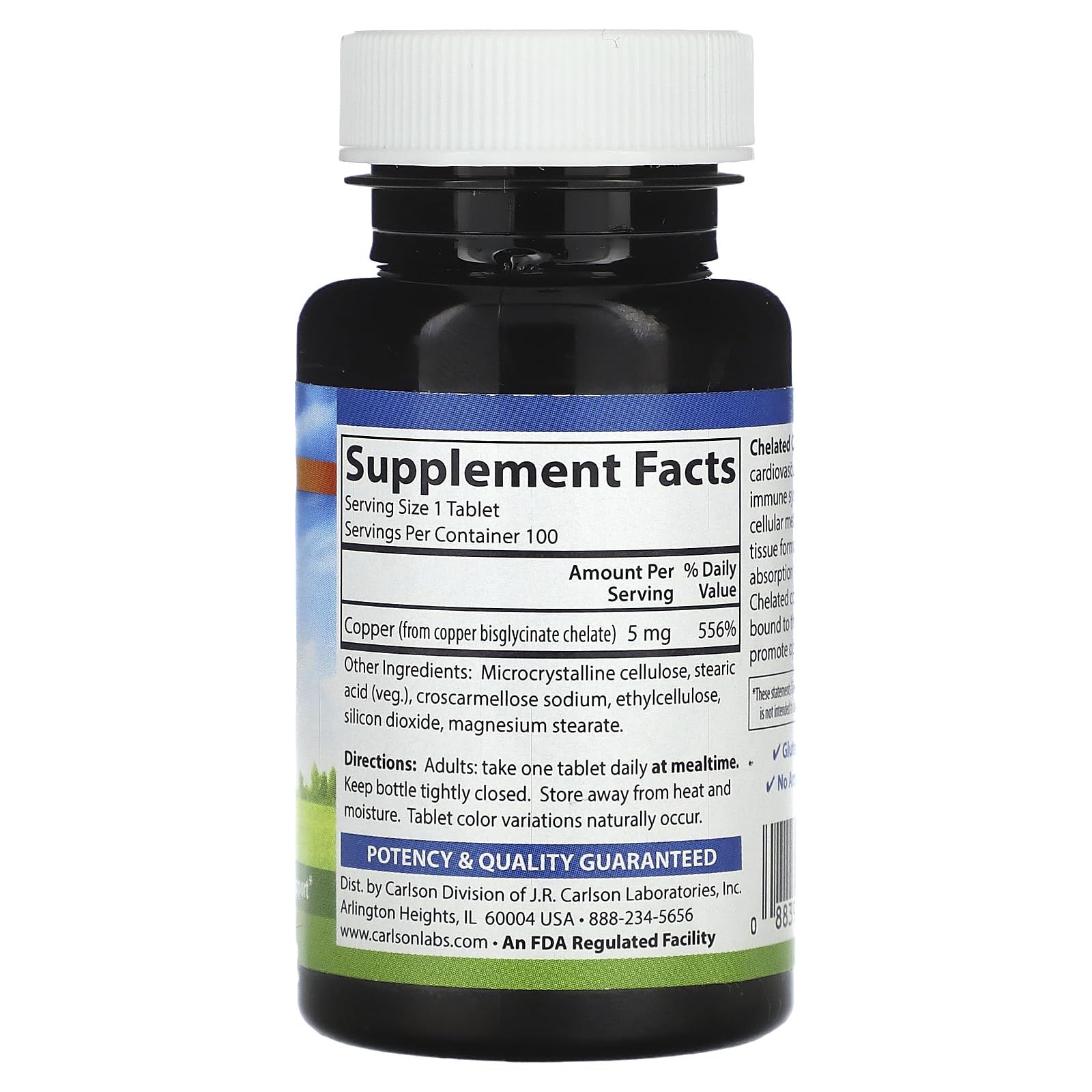 Carlson copper 5 mg tablets on label, supporting nervous system and cellular metabolism.