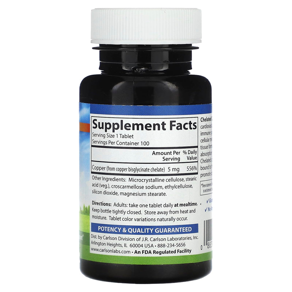 Carlson copper 5 mg tablets on label, supporting nervous system and cellular metabolism.