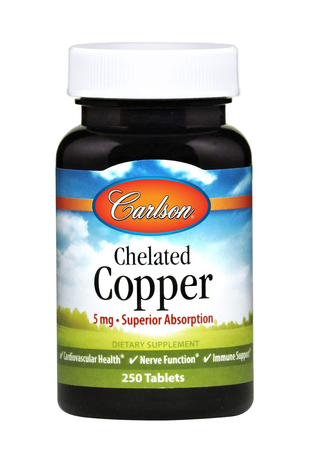 Carlson Chelated Copper 5 mg bottle shown with capsules for daily wellness.