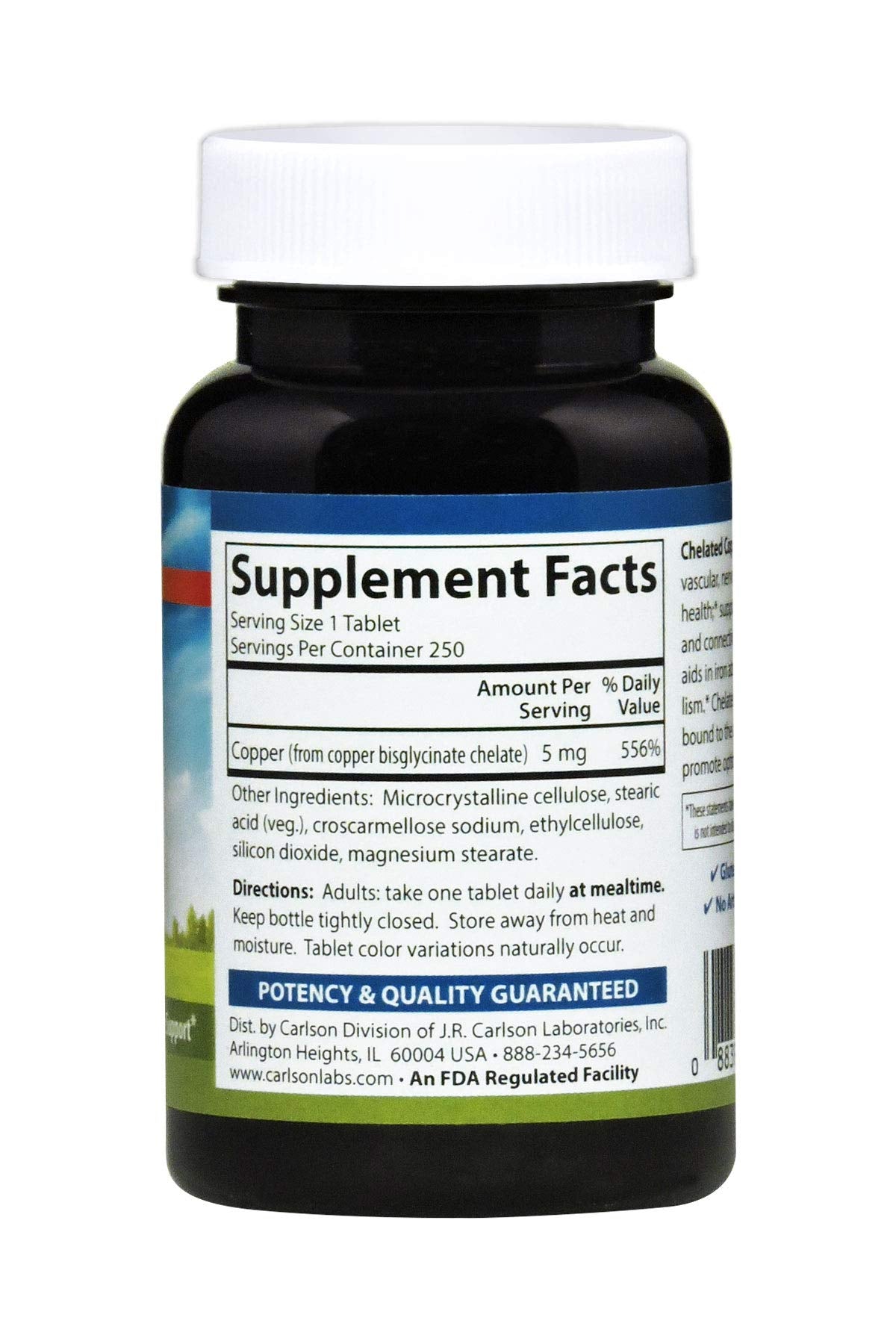 Front label of Carlson Chelated Copper 5 mg bottle highlights potency.