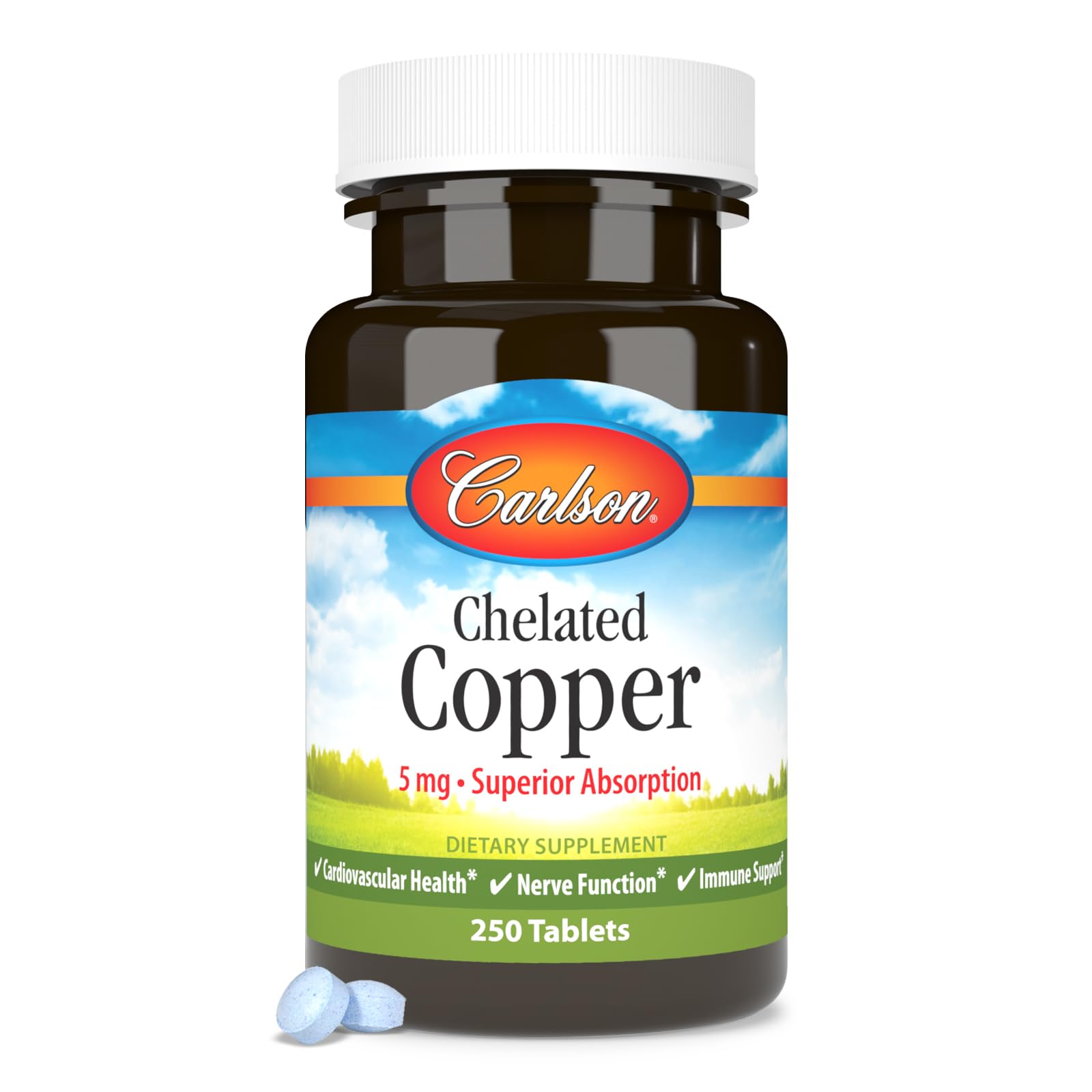 Packaging box for Carlson Chelated Copper 5 mg shows product highlights.