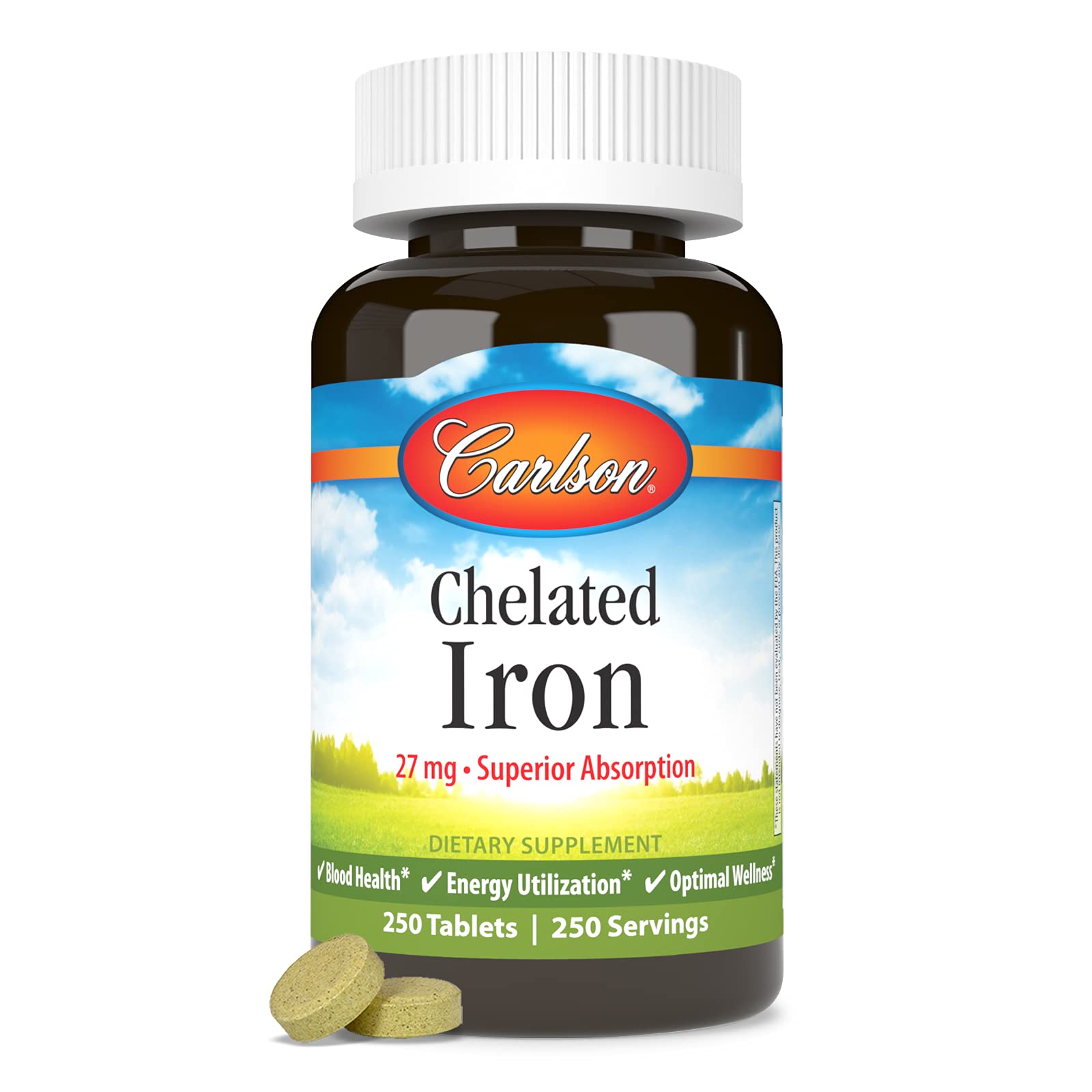 Carlson Chelated Iron bottle with packaging indicates two-bottle supply.