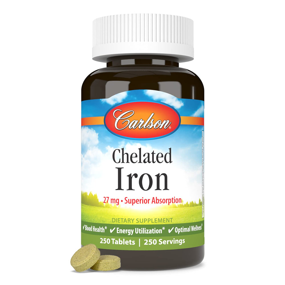 Carlson Chelated Iron bottle with packaging indicates two-bottle supply.