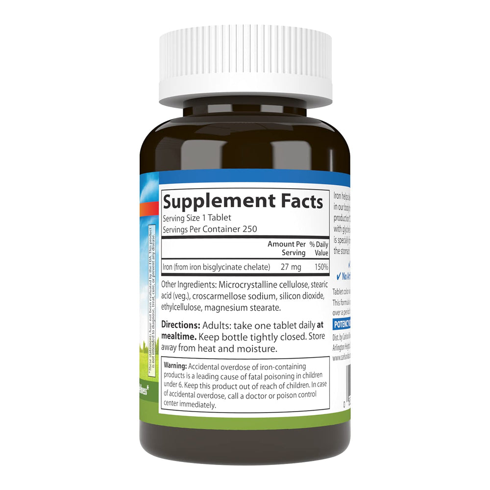 Carlson Chelated Iron 27mg bottle closeup highlighting easy-to-swallow tablets.