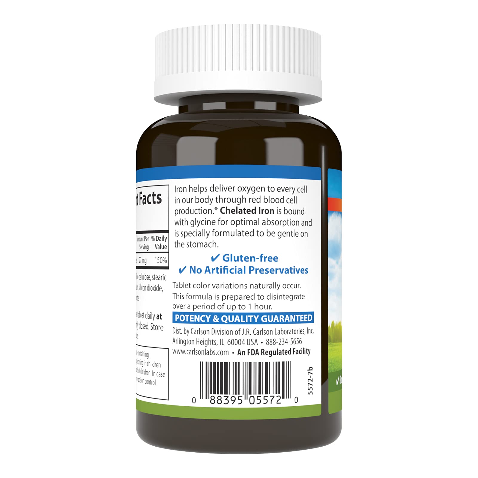Carlson Chelated Iron label detail showing quality and ingredient transparency.