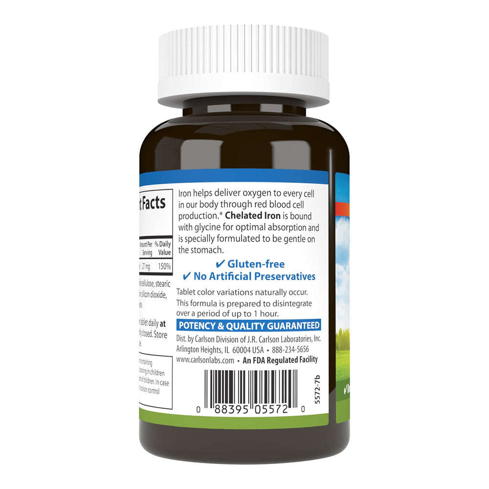 Carlson Chelated Iron label detail showing quality and ingredient transparency.