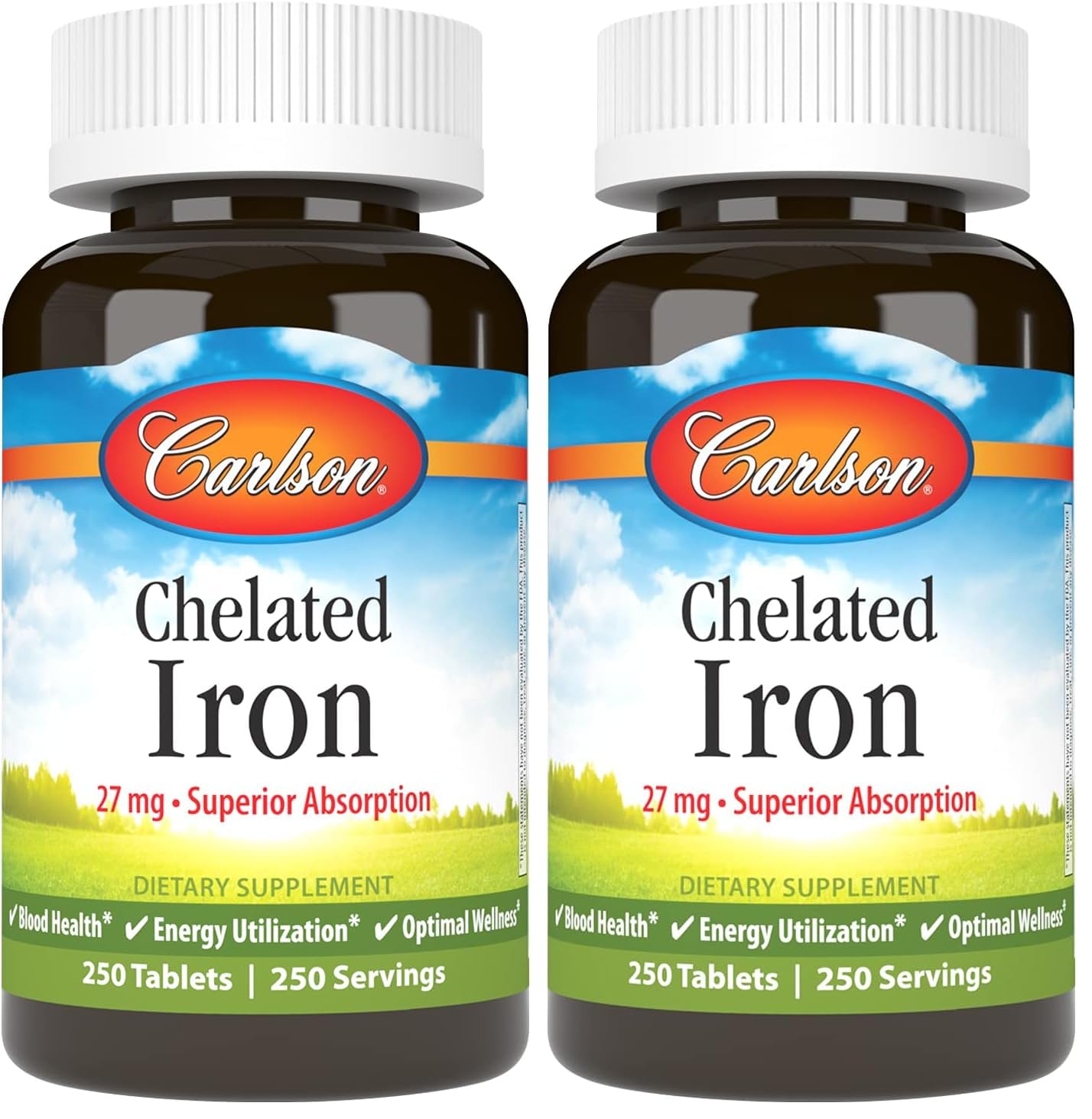 Carlson Chelated Iron 27mg pack-2 tablets front view for daily iron support.