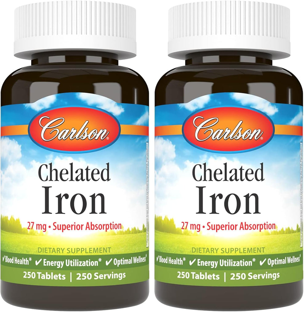 Carlson Chelated Iron 27mg pack-2 tablets front view for daily iron support.
