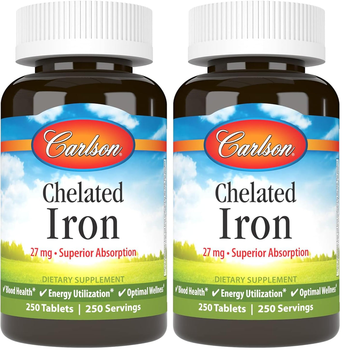 Carlson Chelated Iron 27mg pack-2 tablets front view for daily iron support.