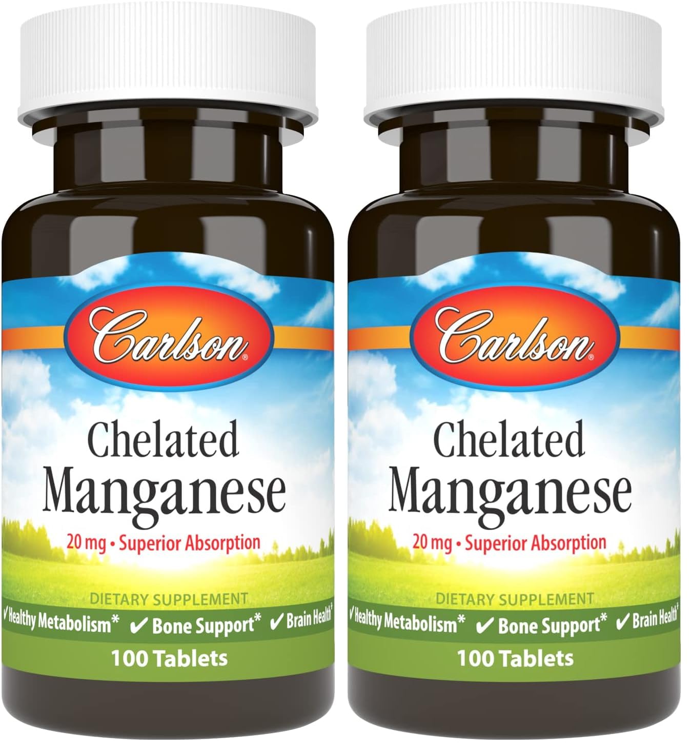 Carlson chelated manganese 20 mg bottle front displays branding and dosage clarity.
