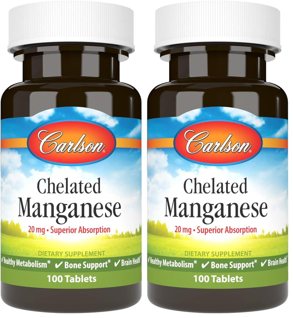 Carlson chelated manganese 20 mg bottle front displays branding and dosage clarity.